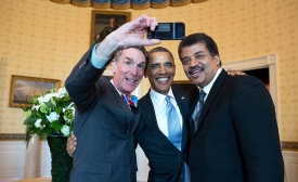 President Barack Obama poses for a selfie with Bill Nye, left, and Neil DeGrasse Tyson in the Blue Room prior to the White House Student Film Festival, Feb. 28, 2014.