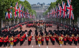 Queen Elizabeth II and royal family return from Trooping the Colour in 2018 with Admiralty Arch in the background