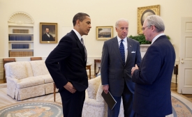 Photo reprinted courtesy Pete Souza via Wikimedia Commons Christopher R. Hill with Barack Obama and Joe Biden
