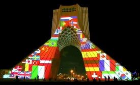 Photo: Screenshot of video taken near Azadi Tower in Tehran, Iran displaying messages of global solidarity in response to the COVID-19 pandemic.