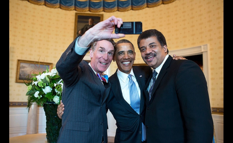 President Barack Obama poses for a selfie with Bill Nye, left, and Neil DeGrasse Tyson in the Blue Room prior to the White House Student Film Festival, Feb. 28, 2014.