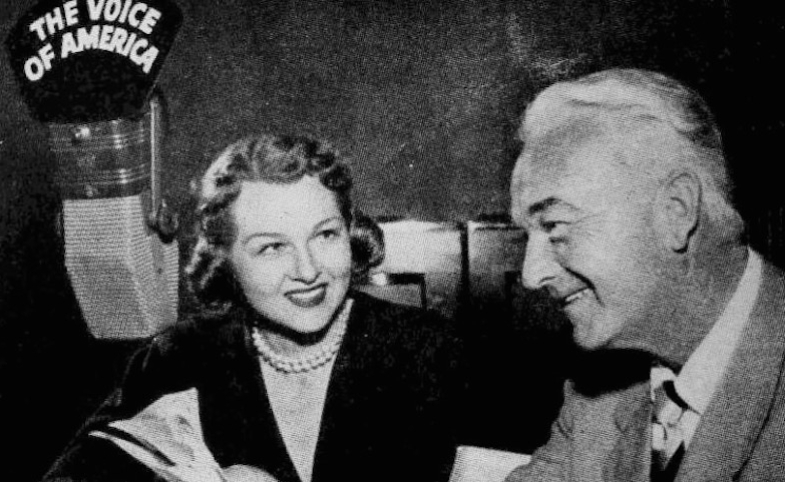 Photo of Jo Stafford with guest William Boyd AKA Hopalong Cassidy on her Voice of America radio show.