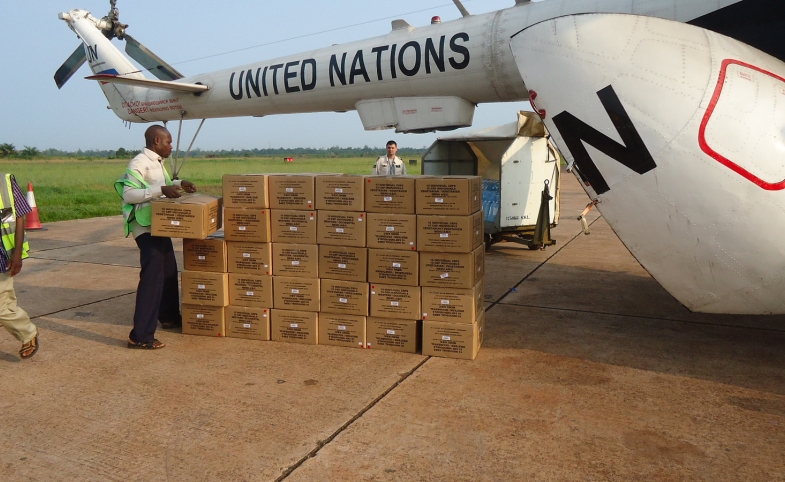 A UN airplane delivers supplies to the Mbandaka airport to help fight Ebola