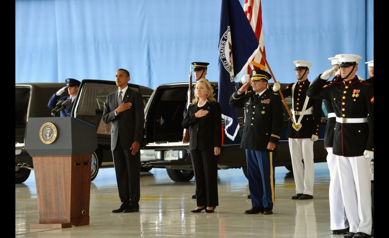 Obama and Clinton at Transfer of Remains Ceremony for Benghazi attack victims Sep 14, 2012