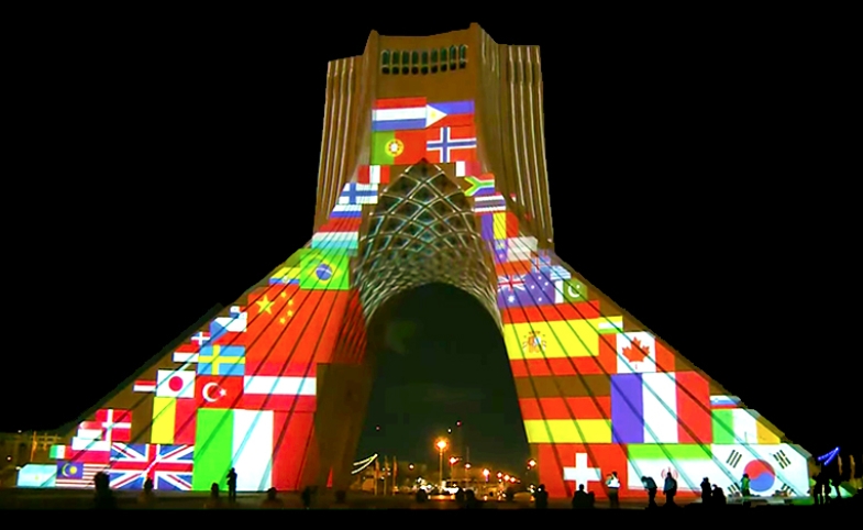 Photo: Screenshot of video taken near Azadi Tower in Tehran, Iran displaying messages of global solidarity in response to the COVID-19 pandemic.