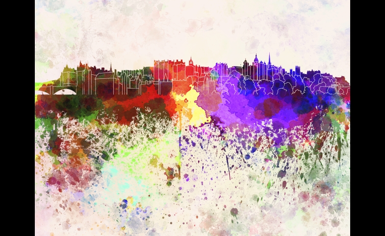 Edinburgh Skyline in Watercolor Background, by Paul Rommer
