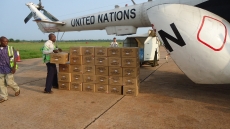 A UN airplane delivers supplies to the Mbandaka airport to help fight Ebola