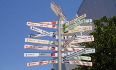 Sign in downtown Los Angeles indicating sister cities with country flags, distances and directions by Pmlineditor via Wikimedia Commons