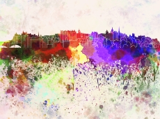 Edinburgh Skyline in Watercolor Background, by Paul Rommer
